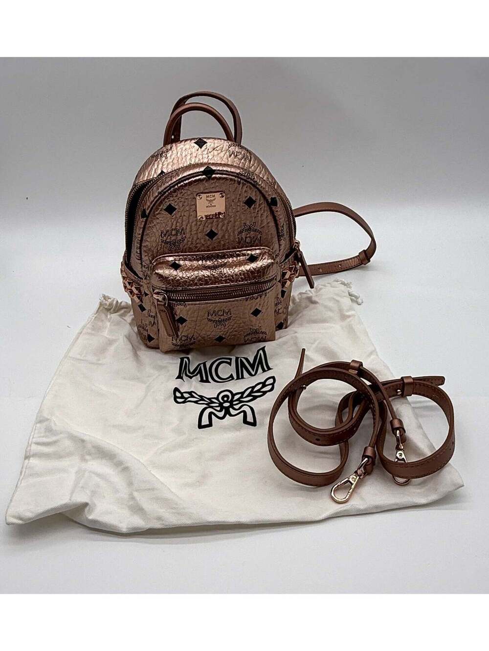 MCM Stark Mini Backpack – Rose Gold Visetos Coated Canvas | Full Set
